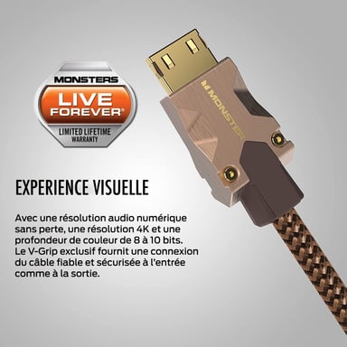 Câble HDMI Monster 1.5M - Résolution 4K - Vidéo HDR10+ - 25 GBPS - Vitesse Éclair - Triple Blindage - Garanti à Vie
