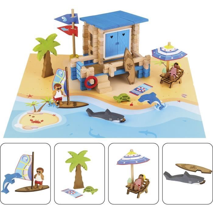 Journée à la Plage 120 Pièces JEUJURA Jeu de Construction en Bois Naturel Tapis et Accessoires Inclus 32x27x11 cm - vue 3