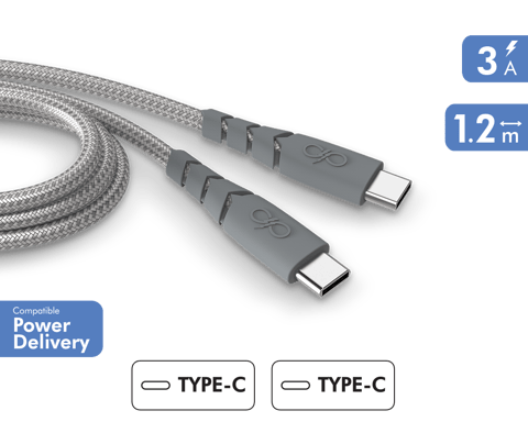Câble Ultra-renforcé USB C/USB C 1,2m 3A Garanti à vie Gris - 100% Plastique recyclé Force Power