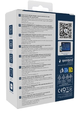 Gembird TA-UC-2A2C-PD65-01-BK chargeur d'appareils mobiles Ordinateur portable, Smartphone Noir Secteur Charge rapide Intérieure
