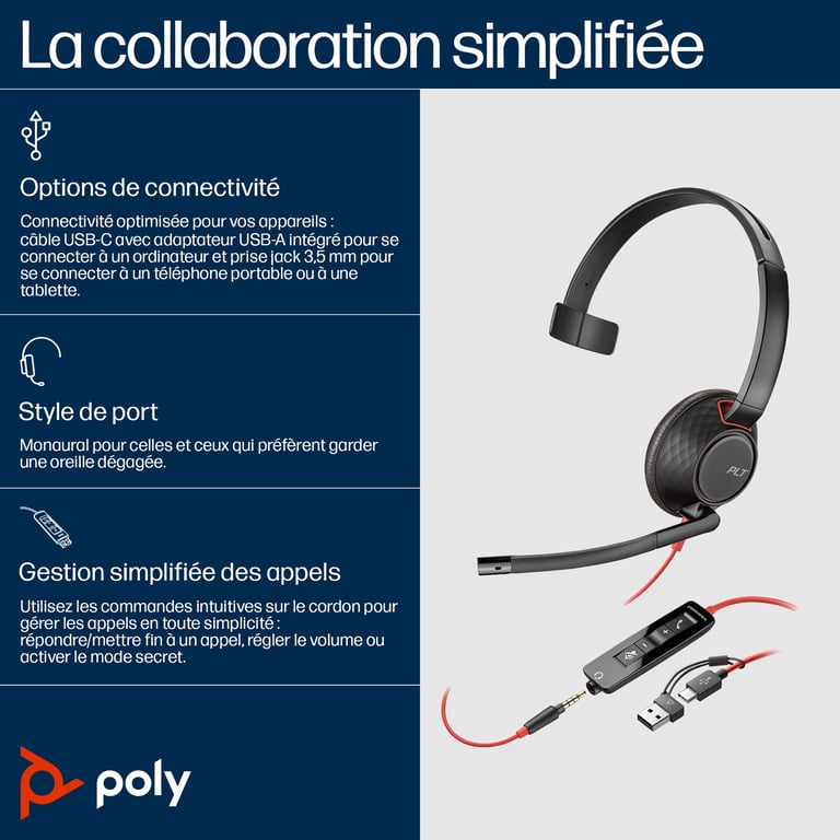 Poly Micro-Casque Monaural Usb-C Blackwire 5210 + Prise 3,5 Mm + Adaptateur Usb-C/A