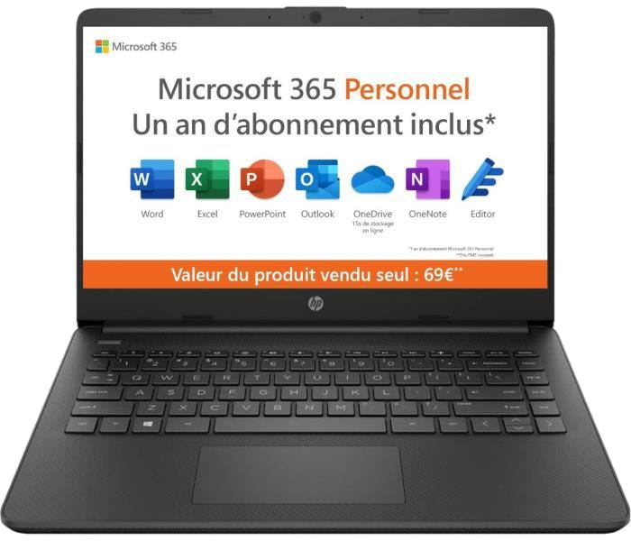 PC Portable - HP 14s-dq0045nf - 14 HD - Intel Celeron - 4 Go - Stockage 64 Go - Windows 10 - Office