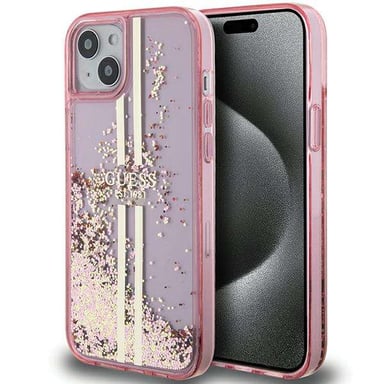 Custodia Guess per iPhone 15 Plus 6,7'' rosa Custodia rigida Liquid Glitter Gold Stripes