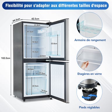 Roline Mini Réfrigérateur Congélateur 106L Petit Frigo 2 Portes Argenté Silencieux Bureau