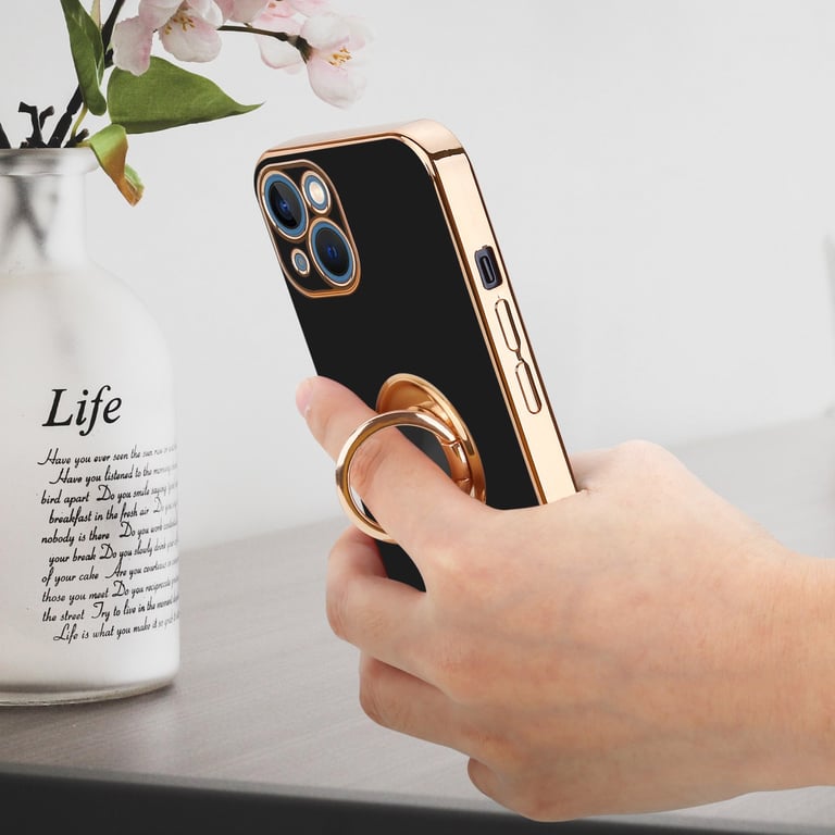 Coque pour Apple iPhone 13 MINI en Glossy Noir - Or avec anneau Housse de protection Étui en silicone TPU flexible, avec protection pour appareil photo et support voiture magnétique