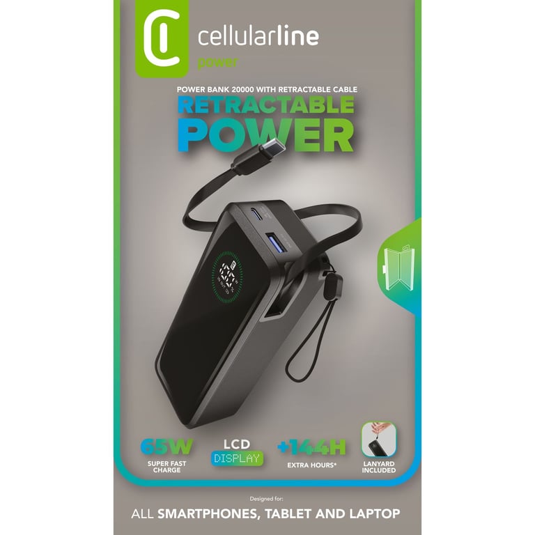 Cellularline Power Bank Roller 20000 Batterie externe de 20 000 mAh avec sortie jusqu'à parfaite pour une recharge rapide et puissante à tout moment. Câble USB C rétractable et écran LCD pour plus de confort et un Neuf - vue 2