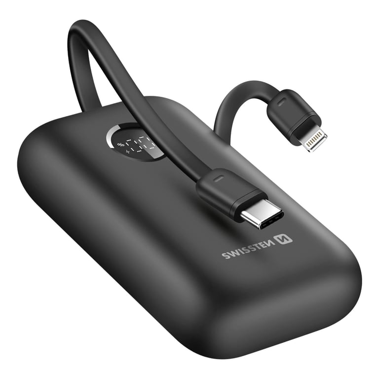 Swissten Batterie Externe 10000mAh Câbles USB-C et Lightning intégrés Écran LED