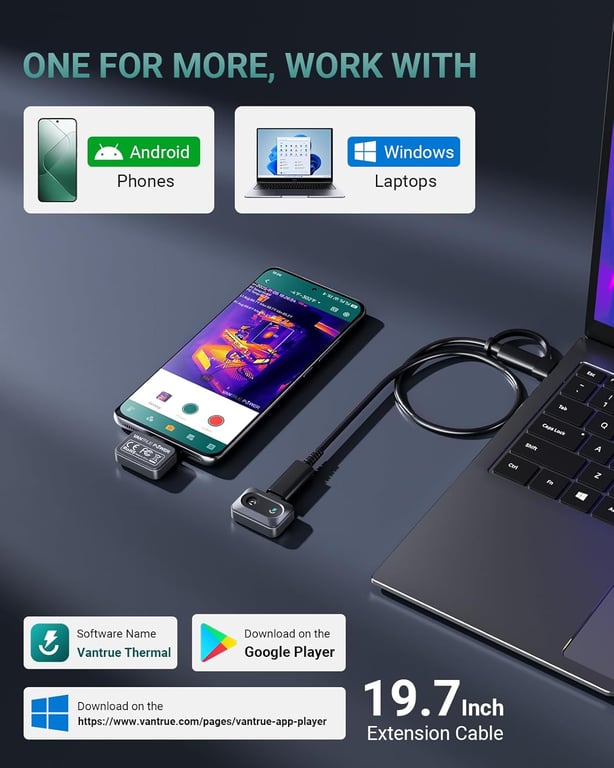 Vantrue Caméra thermique TS1 pour Android, caméra infrarouge avec résolution 512 x 384 et super-résolution, USB-C, -20°C à 550°C, pour inspection domestique, zoom 15x. - Neuf - vue 2