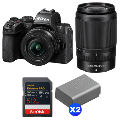 Cámara híbrida Nikon Z50 II + 16-50mm + 50-250mm + 1 SanDisk 512GB Extreme PRO UHS-II + 2 Nikon EN-EL25a + Ebook ''20 consejos para fotos que impactan''