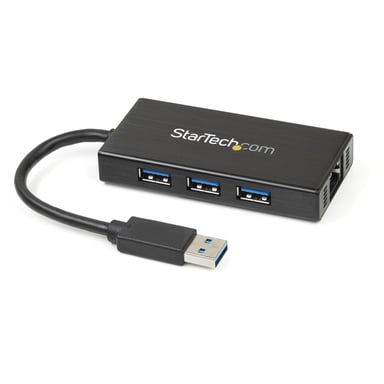 StarTech.com Hub portatile a 3 porte USB 3.0 (5Gbps) con cavo integrato e Gigabit Ethernet - Alluminio