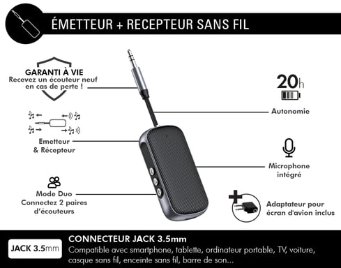 FORCE PLAY Adaptador de Audio Bluetooth 2 en 1 3.5mm Jack Transmisor y Receptor Negro