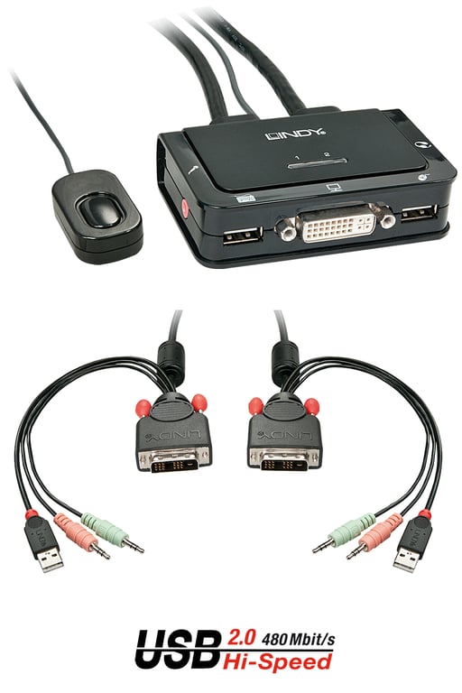 Lindy Switch KVM DVI-D Single Link, USB 2.0 & audio, 2 ports - Neuf