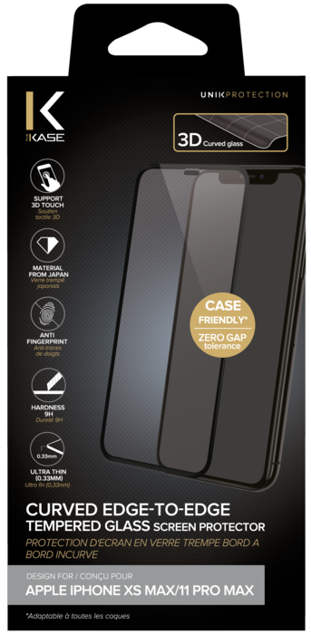 Protection d'écran en verre trempé Bord à Bord Incurvé pour Apple iPhone XS Max/11 Pro Max, Black