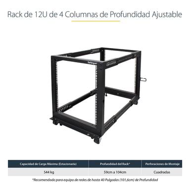 StarTech.com Rack Serveur Mobile 12U 4 Poteaux, Rack Réseau 19'' 4 Poteaux avec Roulettes, Rack Roulant avec Profondeur Ajustable pour PC/AV/Données/Informatique - Roulettes, Pieds de nivellement ou Fixation au Sol