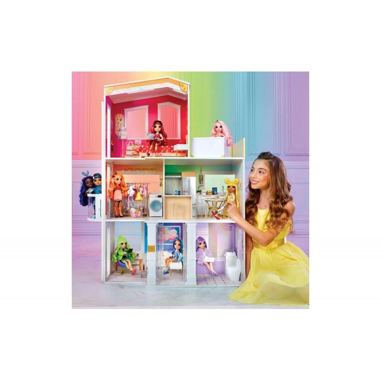 Rainbow High – Maison de poupée de 3 étages Hauteur : 120 cm Largeur : 90 cm Entièrement meublée avec Baignoire Fonctionnelle Douche évier Ascenseur & + 50 Accessoires 6 à