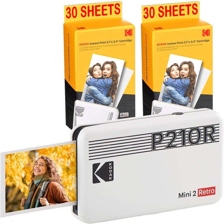 KODAK Pack Mini Imprimante P210 Retro 2 + Cartouche et papier pour 30 photos Imprimante Connectée Bluetooth Photos format CB 5 3 x 8 6 cm Batterie Lithium Sublimation Thermique 4Pass Neuf