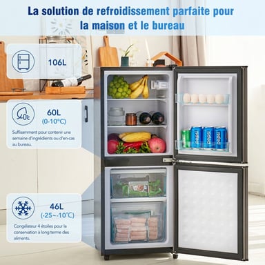 Roline Mini Réfrigérateur Congélateur 106L Petit Frigo 2 Portes Argenté Silencieux Bureau