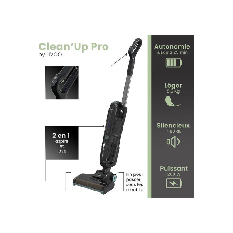 Aspirateur balai laveur sans fil LIVOO DOH147V CLEANUP PRO 11 000 Pa 25 min 600 ml 80 dB - vue 5
