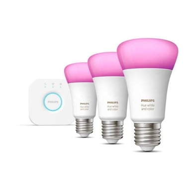 Kit de démarrage Philips Hue White and Color Ambiance 3 ampoules E27, 75W, Bluetooth, compatible avec Alexa, Google et Homekit