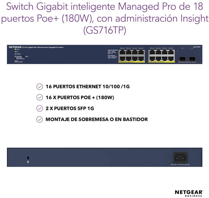 NETGEAR GS716TP 100EUS commutateur réseau Géré L2L3L4 Gigabit Ethernet 101001000 Connexion Ethernet supportant 'alimentation via ce port PoE Neuf - vue 3