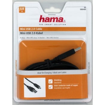 Cable USB 2.0, conector macho A - conector macho mini B (B5), 1,80 m, negro