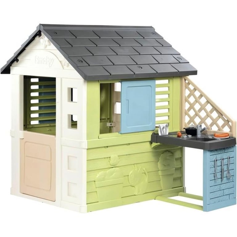 Maisonnette SMOBY Life Pretty avec cuisine d'été 17 accessoires Anti-UV Vert clair, blanc et bleu - Neuf
