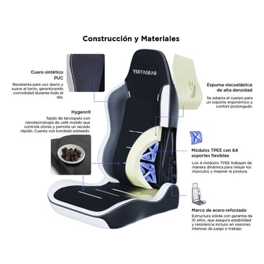 Chaise gaming Vertagear SL3800 HygennX Noir/Blanc – Ergonomie avancée, tissu anti-odeurs, soutien lombaire ContourMax™