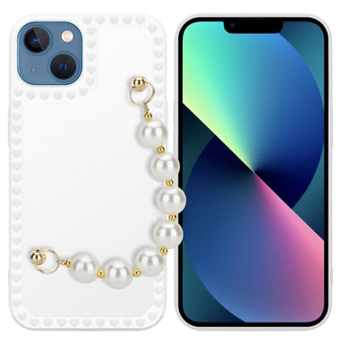 Coque pour Apple iPhone 13 en Blanc avec perles Housse de protection Étui en silicone TPU flexible et avec tour de cou chaîne de poignet