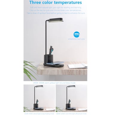 Lampe de bureau flexible Elight T9 5W avec chargeur sans fil 15W + porte-stylo alimenté par câble USB noir