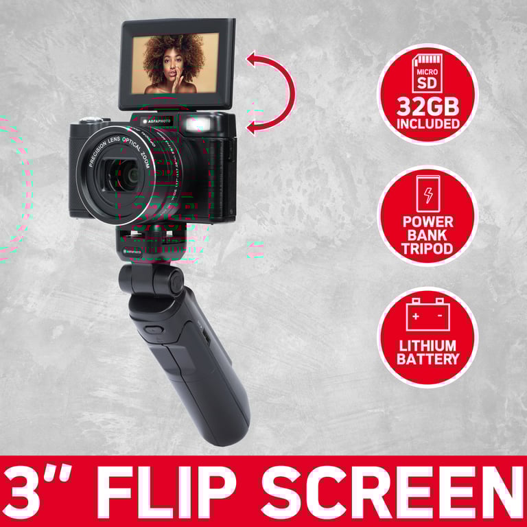 AGFA PHOTO Kit Vlogging Tout en Un Caméra VLG 4K Optical Zoom Optique 5X Trépied Powerbank Télécommande Microphone Carte Micro SD Inclus Photo 24MP Écran LCD 3'' Batterie Lithium Neuf - vue 2