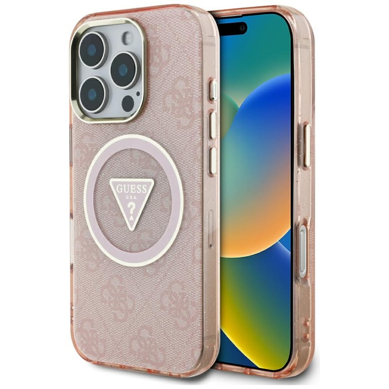 Coque Guess IML Metal Glitter 4G Circle Triangle MagSafe pour iPhone 16 Pro