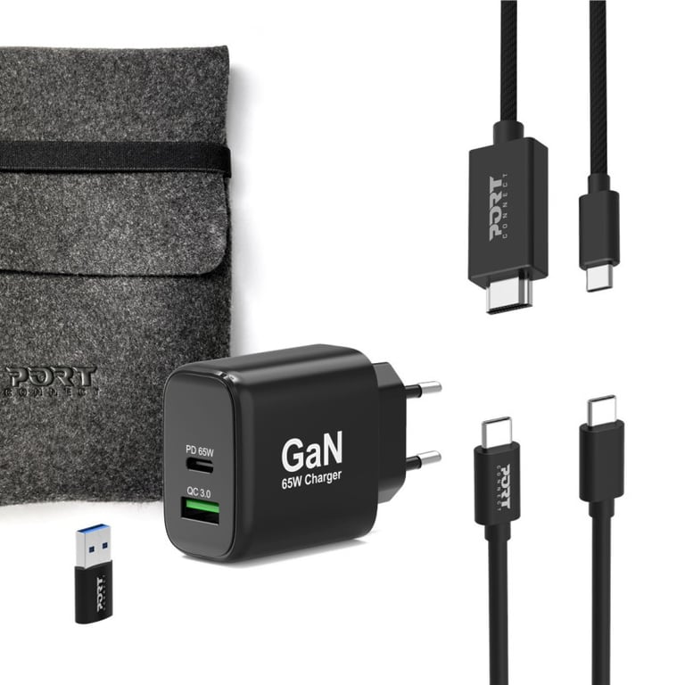 Pack Kit Starter Chargeur Port Designs GaN + Twin convertisseur USB A et USB C + câble USB C vers USB C 1 8 + câble USB C vers HDMI 1 8 + housse de transport - vue 3