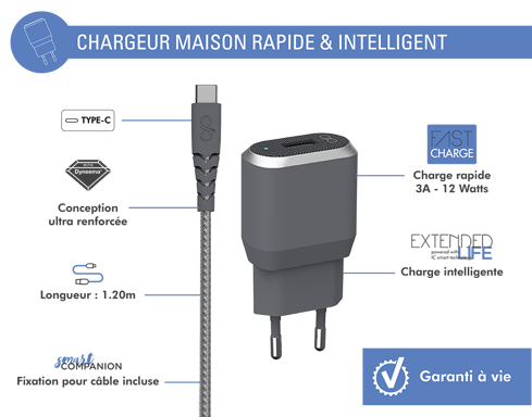 Caricabatterie intelligente da 3A IC per la casa + cavo USB A/USB C rinforzato con garanzia a vita Grey Force Power