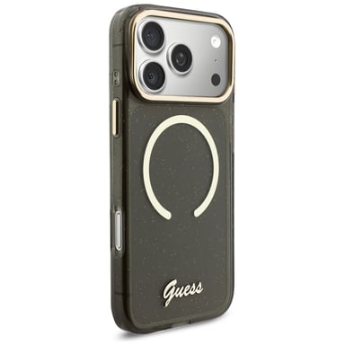 Custodia Guess IML Glitters Script Strap MagSafe per iPhone 17, nera