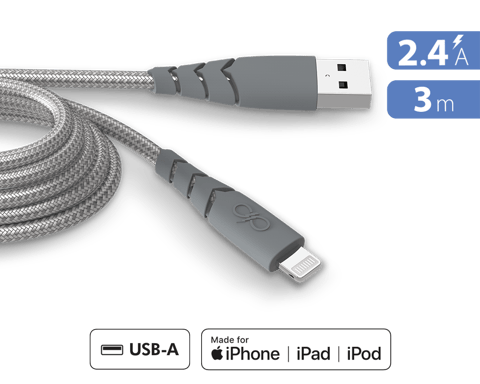 Câble Ultra-renforcé USB A/Lightning 3m 2.4A Garanti à vie Gris - 100% Plastique recyclé Force Power
