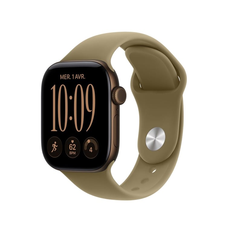 Apple Watch Serie 12 (GPS) Boitier de 42 mm en Aluminium Bronze foncé avec bracelet sport Olive - M/L - Neuf
