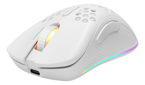 DELTACO GAMING - WHITE LINE WM80 - Mouse ottico da gioco senza fili 4800 DPI, 1000 Hz, ultra leggero, RGB, 7 pulsanti