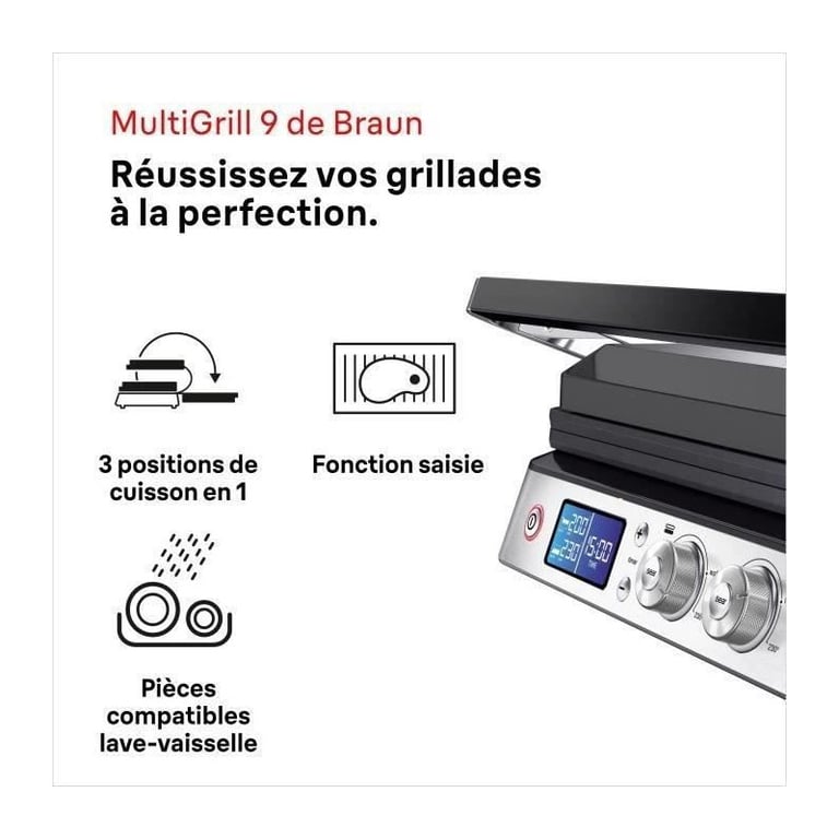 Grill Électrique Braun CG9040 – 2000 W, 3 Positions de Chauffe, Surface de Cuisson Teflon - vue 5