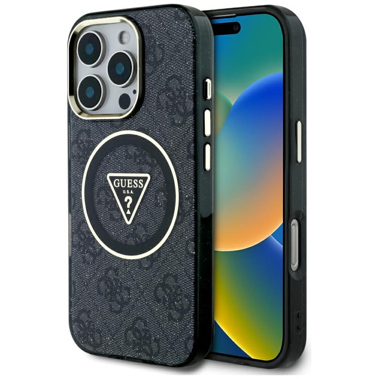 Coque Guess IML Metal Glitter 4G Circle Triangle MagSafe pour iPhone 16 Pro - vue 4