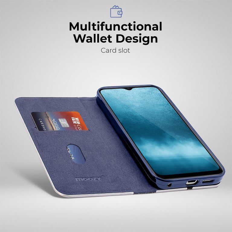 Moozy Étui Portefeuille pour Samsung A22 5G, Bleu Foncé Carbone - Étui à Rabat avec Bordure Métallique, Fermeture Magnétique, Flip Cover avec Porte-Cartes et Fonction Béquille