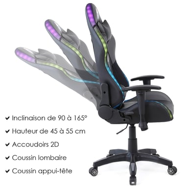 Fauteuil gaming Amstrad ELITE-LED-KRAKEN - Noir et gris - Eclairage LED 576 effets - Télécommande - Accoudoir 2D