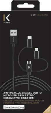 Cavo di ricarica/sincronizzazione USB 3 in 1 a micro-USB, Lightning® certificato Apple MFi e intrecciato metallico di tipo C (1M)