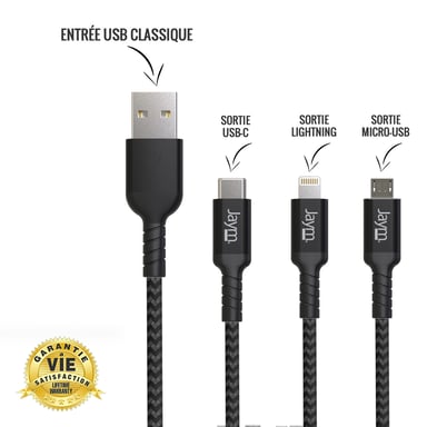 Jaym - Cable Premium 1,5 m - USB-A vers 3 Sorties : Lightning, Type-C et Micro USB - Garanti à Vie - Ultra renforcé - Longueur 1,5 mètres