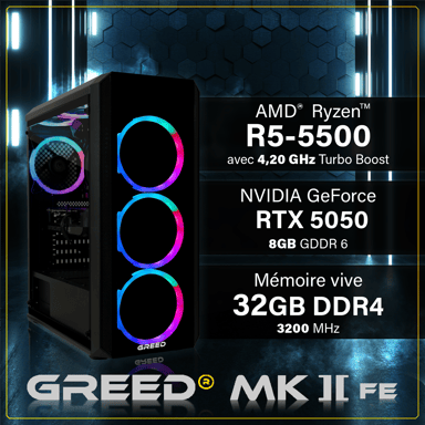 MK2 FE - PC Gamer - AMD Ryzen 5 5500 - Nvidia Geforce RTX 5050 - Rapide Bureau PC Gaming - 3,6 GHz - 32 GO RAM DDR4 - 512 GO SSD - Ordinateur avec WiFi + Windows 11 Pro