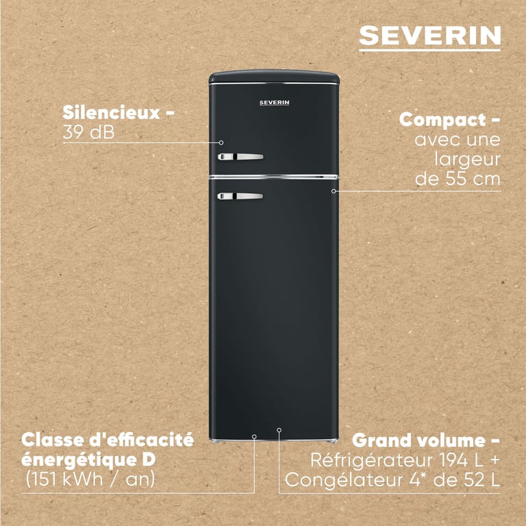 SEVERIN RKG8984 Réfrigérateur congélateur double porte rétro 246L classe D noir - Neuf