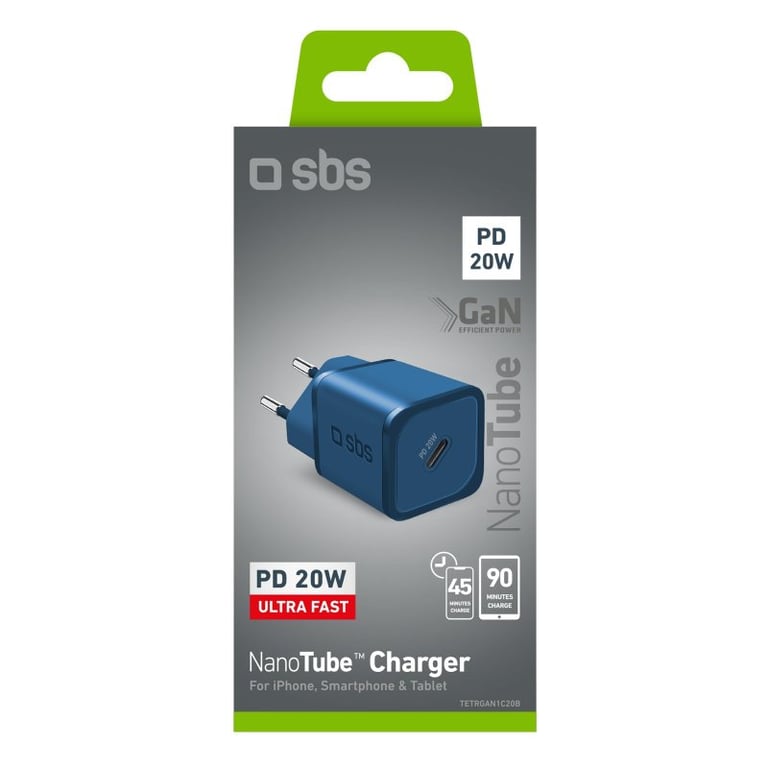 SBS TETRGAN1C20B chargeur d'appareils mobiles Casques, Haut-parleur portable, Smartphone, Smartwatch, Tablette Bleu Secteur Charge rapide Intérieure - Neuf