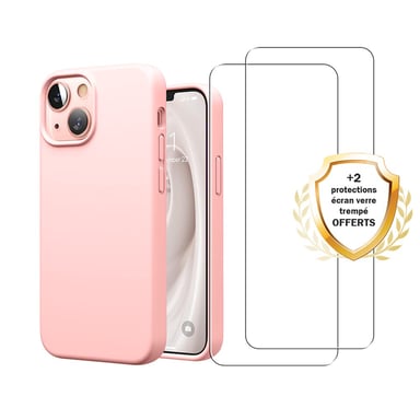 EVETANE iPhone 13 Mini Funda de silicona líquida rosa + 2 cristales templados Protector de pantalla antichoque