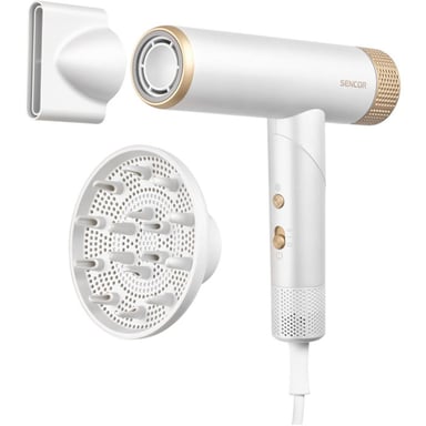 Sèche-cheveux professionnel SENCOR SHD 9050GD BLDC 110 000 tr/min Ionisation air froid alternance chaud/froid 4 températures 2 vitesses Diffuseur magnétique Blanc nacré/Doré