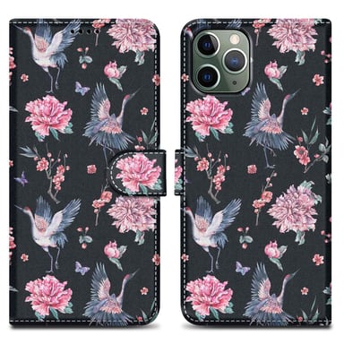 Coque pour Apple iPhone 11 PRO MAX Design Grue & Fleurs No. 9 Housse de protection Étui avec fermeture magnétique, fonction de support et compartiment pour carte
