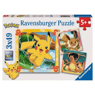 3x49 piezas de puzzle: Pikachu, Sharkskin y Evoli para niños